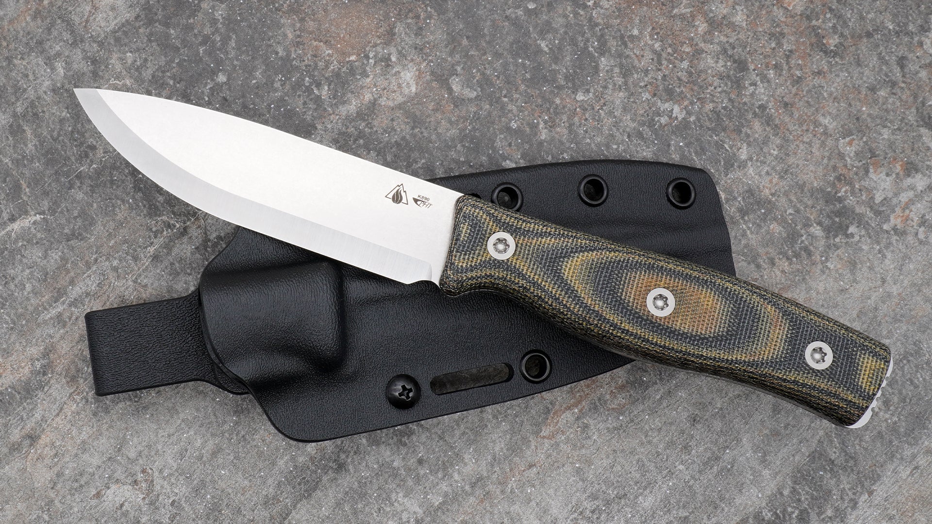 Survive GSO 4.5 Bushcraft Scandi K890, Camo Canvas Micarta Handle and