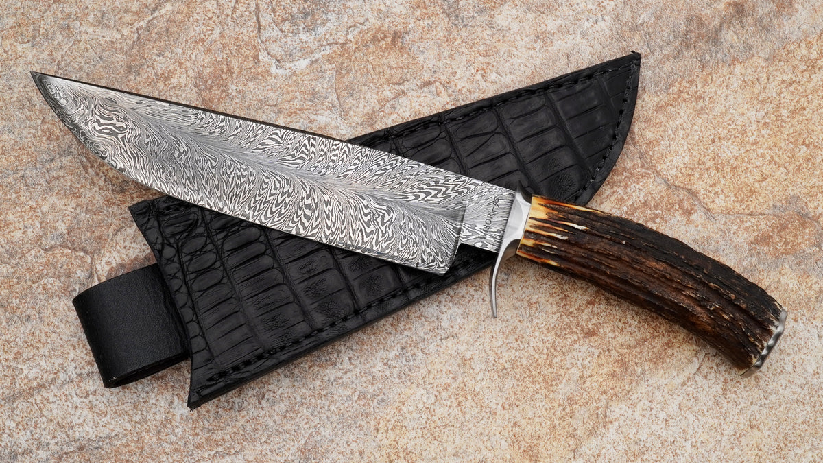 Josh Wisor Feather Damascus Bowie, Stag Handle – Edgeworks Knife ...